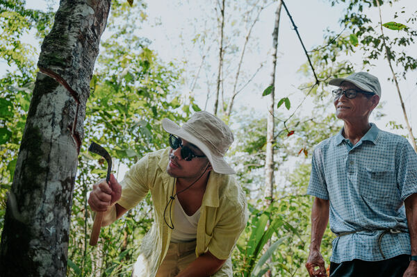 Outreach Borneo travellers walking in a green forest, a local guide pointing during a Dusun village trail near Kota Kinabalu
