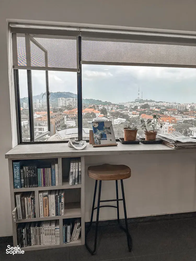 Singapore window-side books and cups with a wide city view, set up for a TCM mocktails and food-as-medicine session