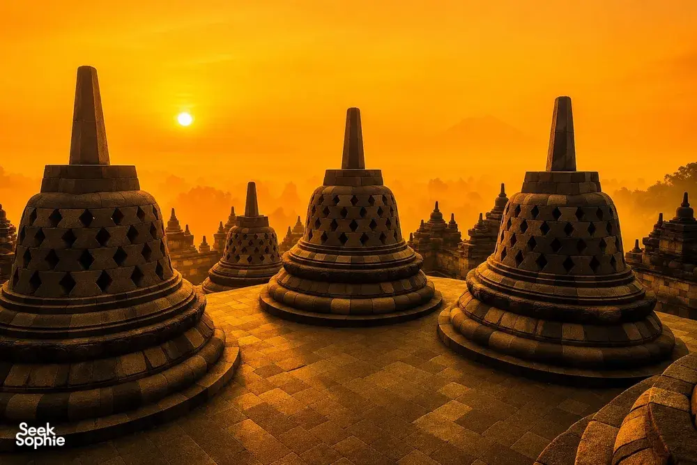 Borobudur temple terraces at sunset in Yogyakarta on Ayla Tour’s private day trip with views of Merapi Volcano