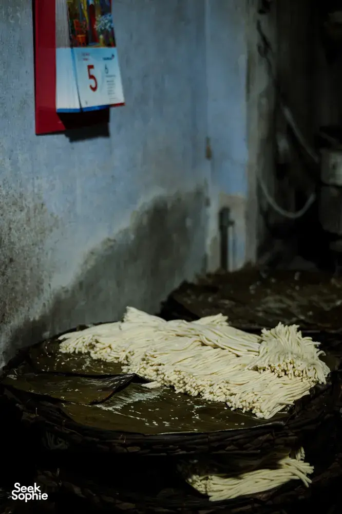 Mounds of pale noodles or dough strips laid out on a table in a narrow Hoi An backstreet stall at dawn