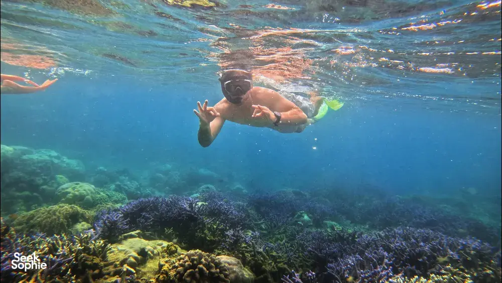 Seorang penyelam snorkel di bawah air memberi isyarat tangan di atas gugusan karang yang berwarna-warni di perairan cetek jernih Kepulauan Gili, di luar pantai Lombok