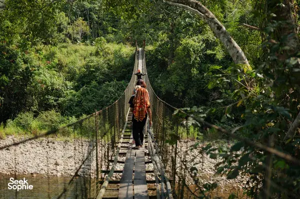 Hiker walking along a rope-and-plank suspension bridge on a jungle trail toward a Dusun village near Kota Kinabalu, Sabah