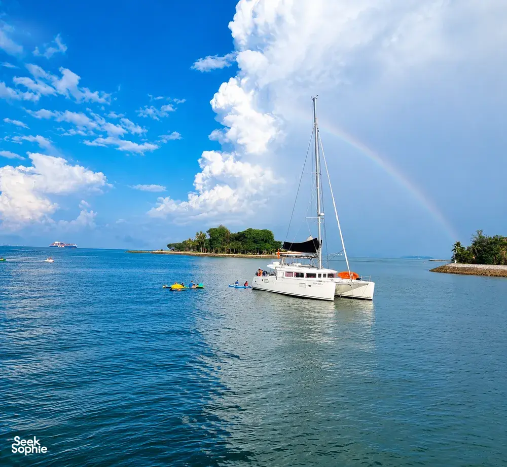 Zen Sea sailboat at sea near Singapore island shoreline, with a rainbow and kayaks in the calm water