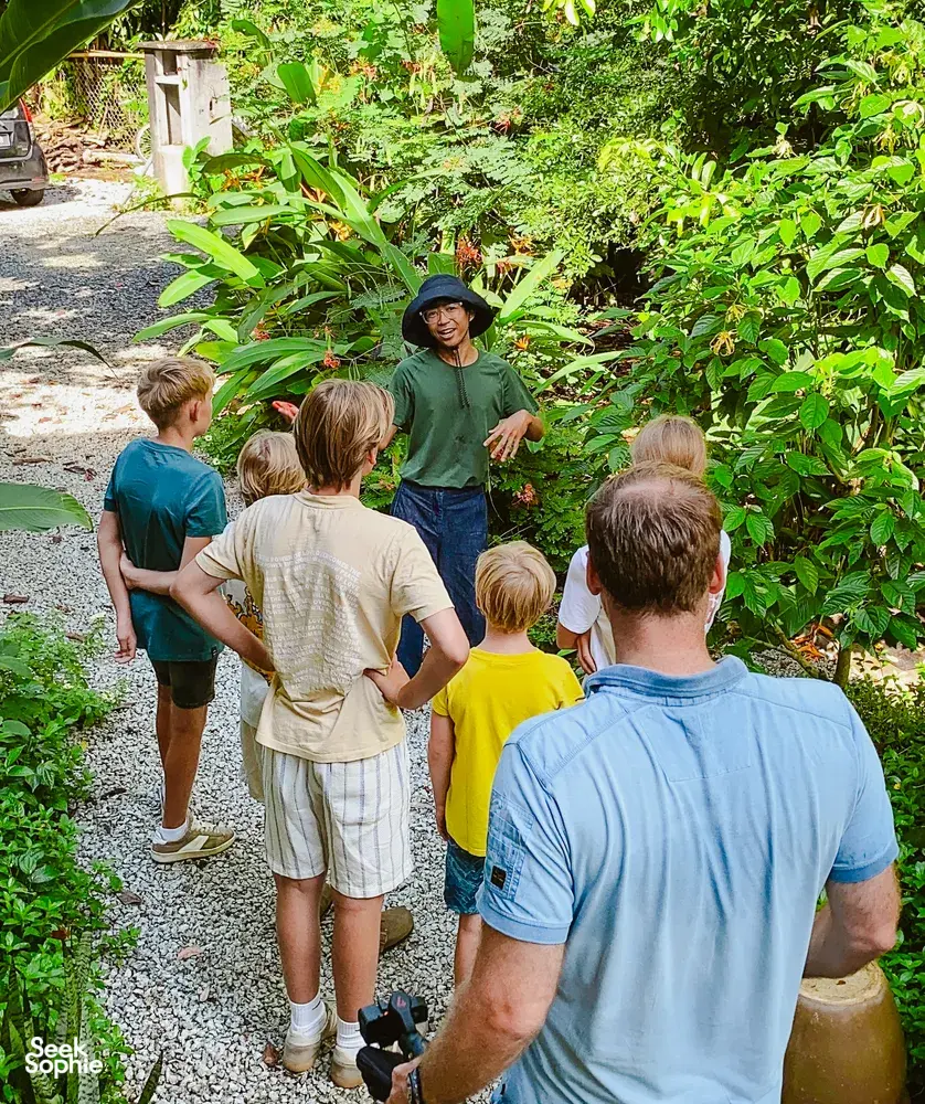 Host-led gardening walk at Kebun Lidstari in Langkawi, with guests gathered beside tropical plants along a lane