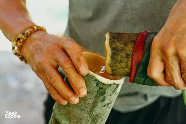Hands shaving and shaping a small strip with a knife on a green container during jungle survival in Malaysia
