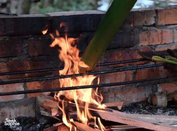 Open-fire cooking at Ngapuh Homestead: flames burning in a brick fireplace over a metal grill amid rainforest greenery