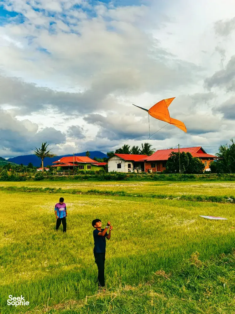 Orange kite flying over a grassy village field in Langkawi, with travellers and riverside houses under cloudy skies