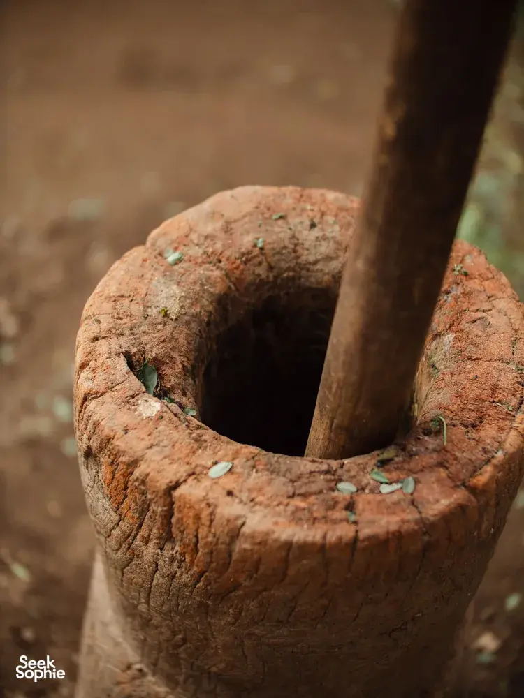 Close-up of a wooden pestle turning in a large clay mortar, with small herb pieces on the rim in Lombok village food prep