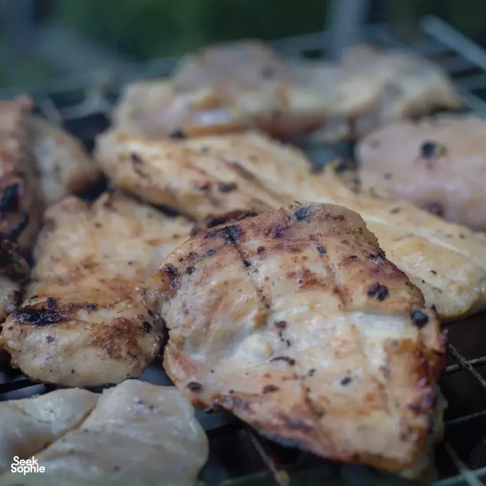 Grilled chicken and vegetables on a barbecue for jungle dining at Anurak Lodge, 2D1N stay in Khao Sok National Park