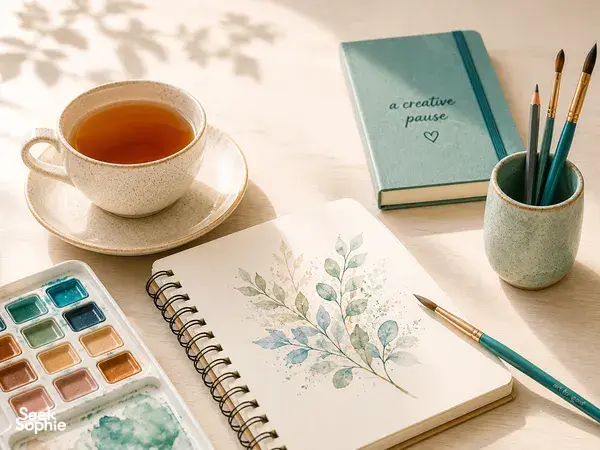Sketchbook with leafy watercolour, paint pans and brushes beside a tea cup for Art For Good art jamming workshops in Singapore