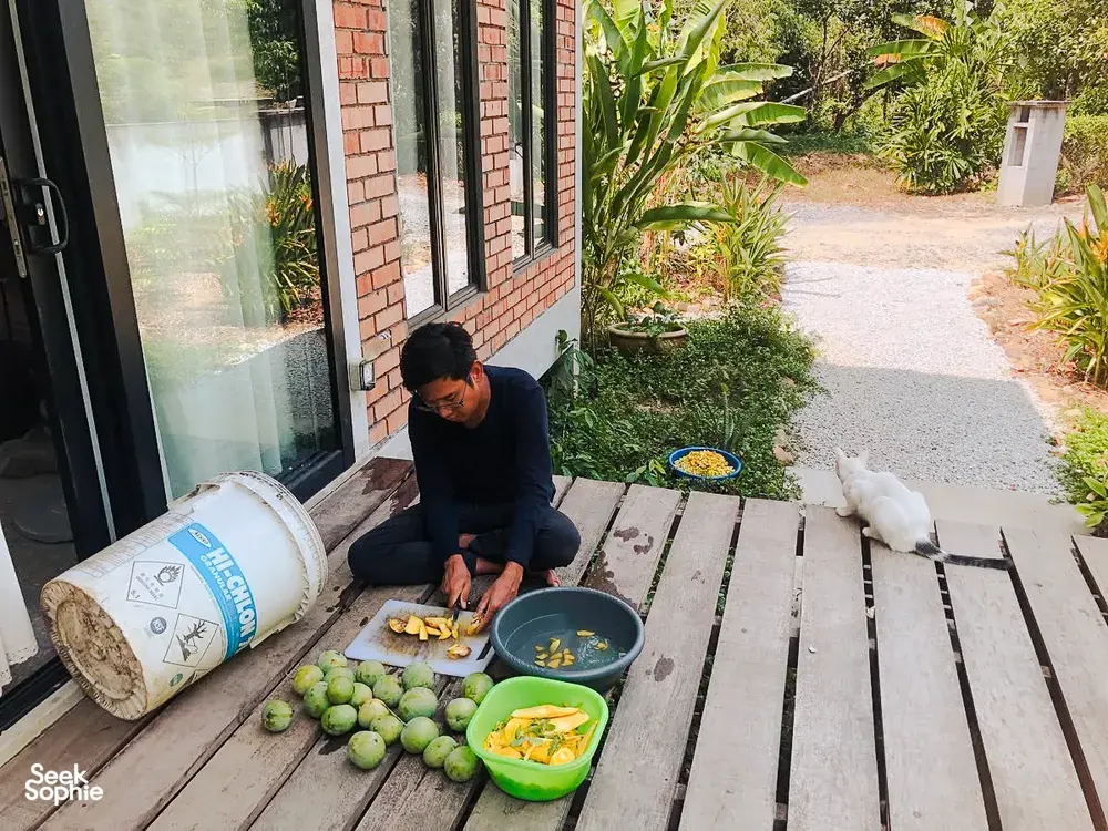 Kebun Lidstari host preparing food on a wooden porch in Langkawi, with fresh coconuts, pots and a white dog
