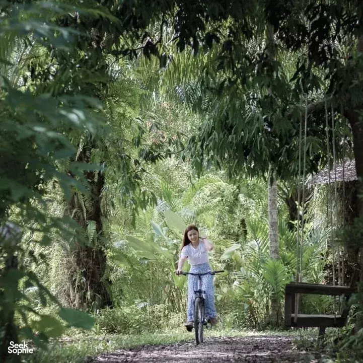 Cyclist riding through lush greenery on forest roads during the stay’s bike journey in Khao Sok National Park