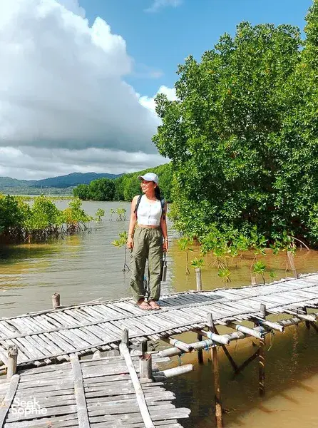 Traveller standing on a wooden jetty beside calm mangrove water during a hidden mangrove visit day trip in Labuan Bajo