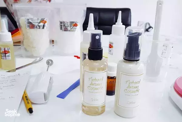 Collagen skincare bottles and droppers on Unmi Lessons’ Singapore studio table for a Korean workshop — workshops in Singapore