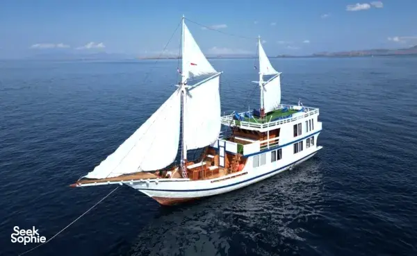 White phinisi sailboat gliding on open water with sails raised for La Famille’s private 3D2N Komodo cruise to Komodo Island