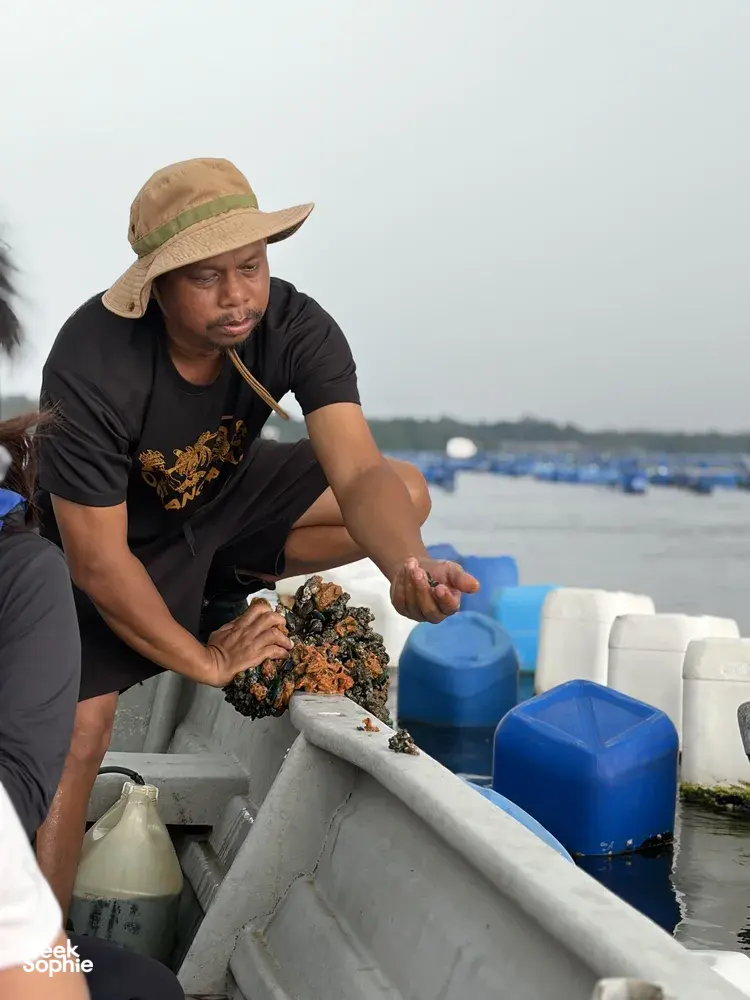 Young Nautilus host sorting marine catch into a tray on a boat off Johor Bahru during the Orang Seletar heritage tour