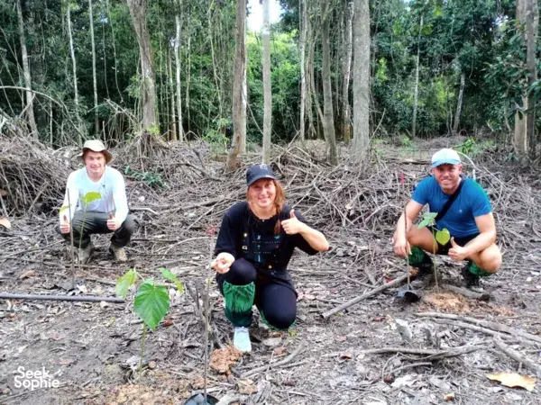 Travellers kneeling and pointing at plants on a forest trail during KOPEL Kinabatangan’s Jungle Lodge Kinabatangan River safari
