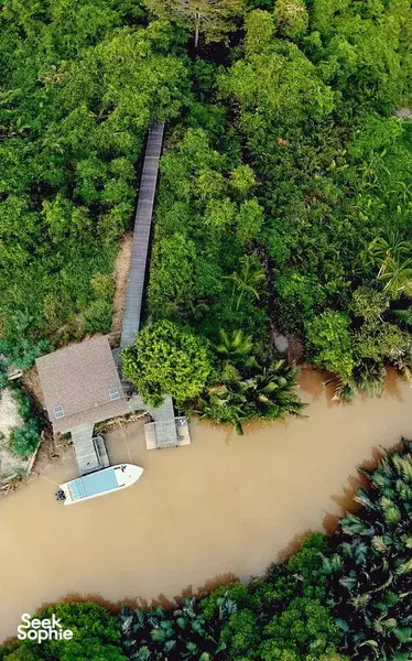 Aerial view of Kinabatangan Wetlands Resort buildings by the river, with a boardwalk into the greenery along the Kinabatangan River