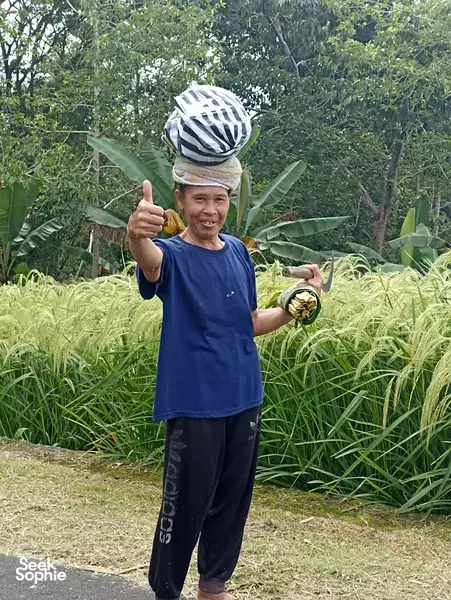 Green Bikes Bali guide giving a thumbs-up beside lush rice terraces in Jatiluwih, Bali, on an e-bike tour
