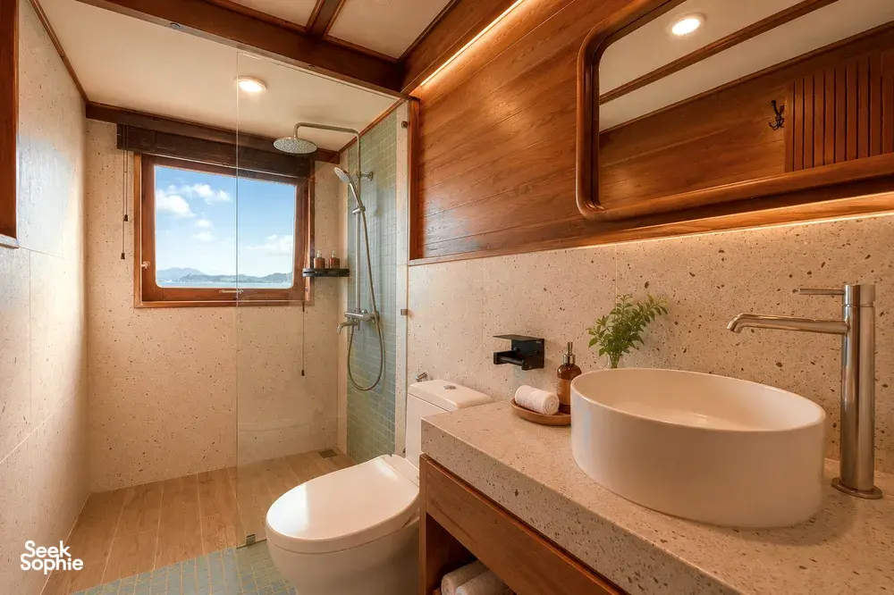 On a new phinisi cabin near Labuan Bajo, a compact bathroom with walk-in shower, toilet and stone washbasin