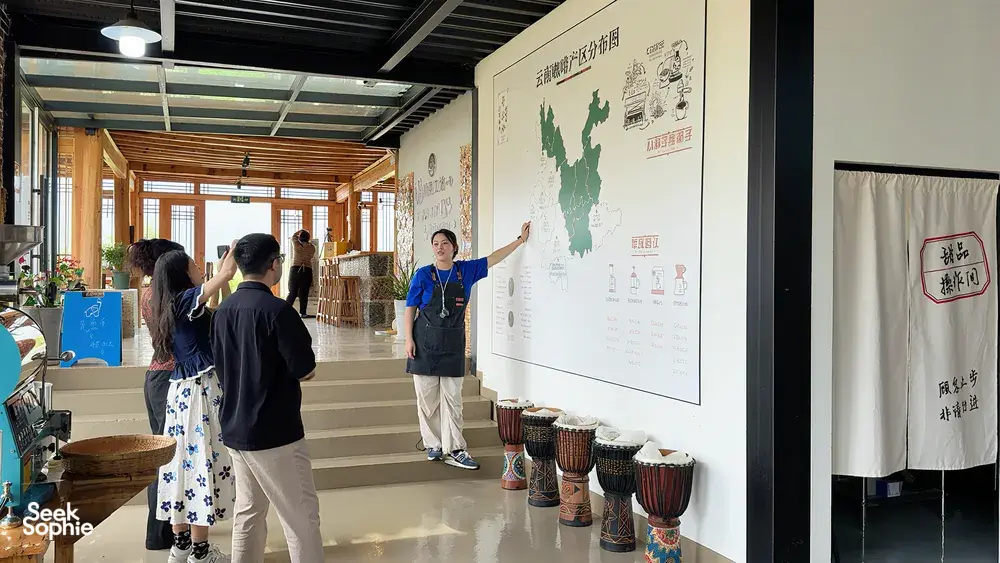 Guide points to a large Yunnan coffee map in the Seeker Yunnan Coffee Estate workshop in Lijiang, with sample cups