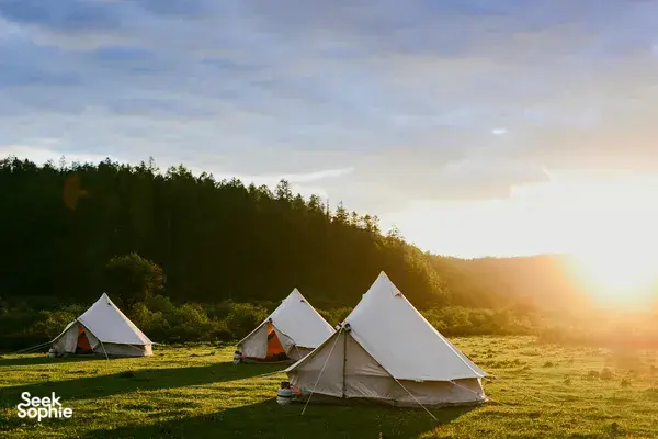 Canvas tents pitched in a grassy meadow in Shangri-La’s remote valleys, glowing at sunset with forested hills behind