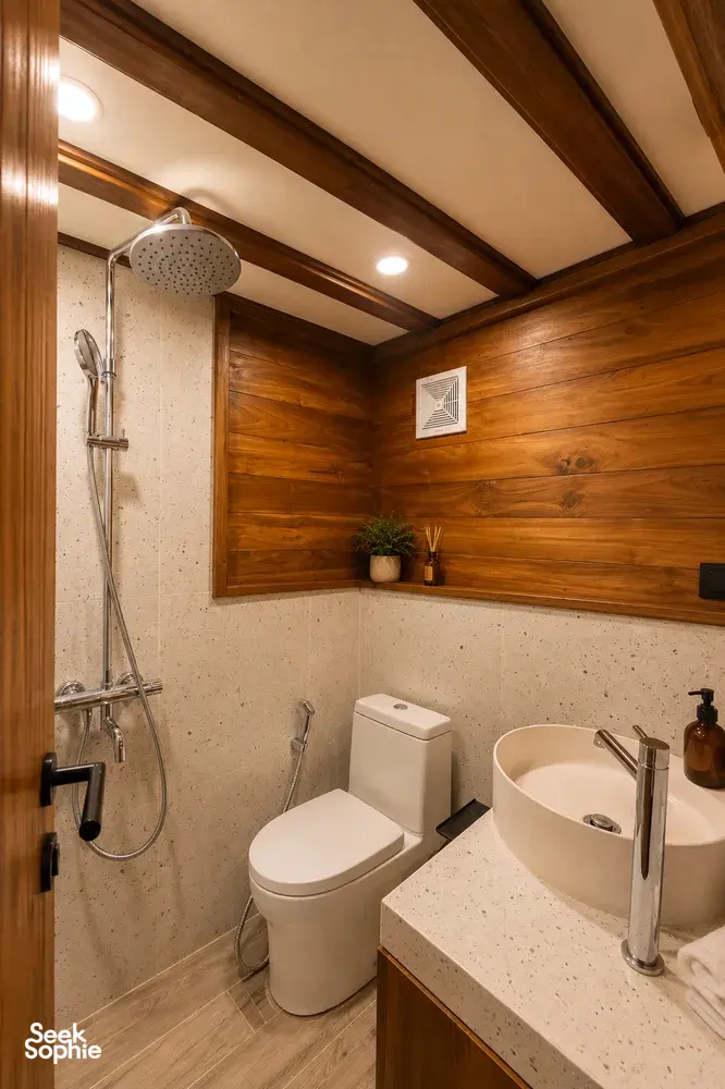 Travass Life new phinisi bathroom with a shower, toilet and countertop sink built into wood and stone, on a Komodo Island trip