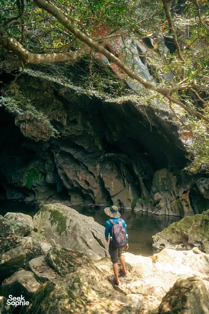 Backpacker trekking along a rocky limestone path in Phong Nha, with jungle trees casting shade over the cave trail