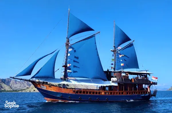 Moana Dive liveaboard sailboat with blue sails cruising offshore for a beginner-friendly Komodo diving trip, Labuan Bajo