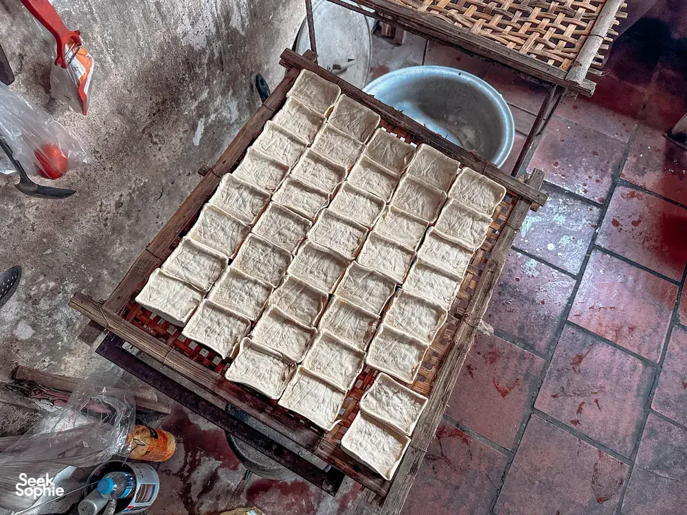 Tofu blocks draining on bamboo racks in a Hanoi workshop kitchen, photographed during a traditional low-waste tofu-making session