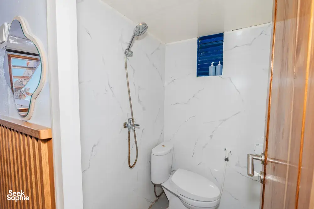 On-board bathroom on the La Famille Komodo boat with marble-look shower, handheld spray and toilet, ready for guests in Labuan Bajo