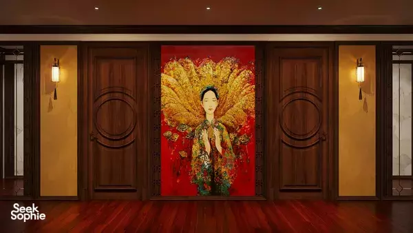Cycad Cruise corridor with carved wooden doors and a colourful mural artwork, styled for a Bai Tu Long Bay 3D2N cruise