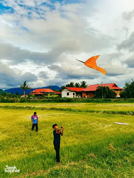 Orange kite flying over a grassy village field in Langkawi, with travellers and riverside houses under cloudy skies