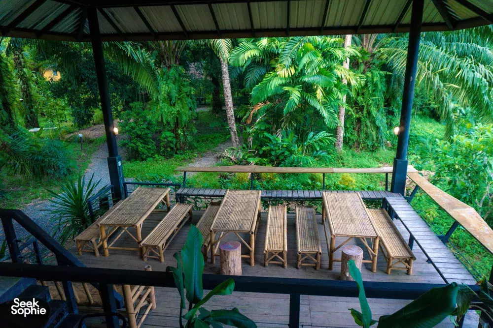 Covered wooden deck tables set for jungle dining, surrounded by dense palms and garden greenery, Khao Sok National Park