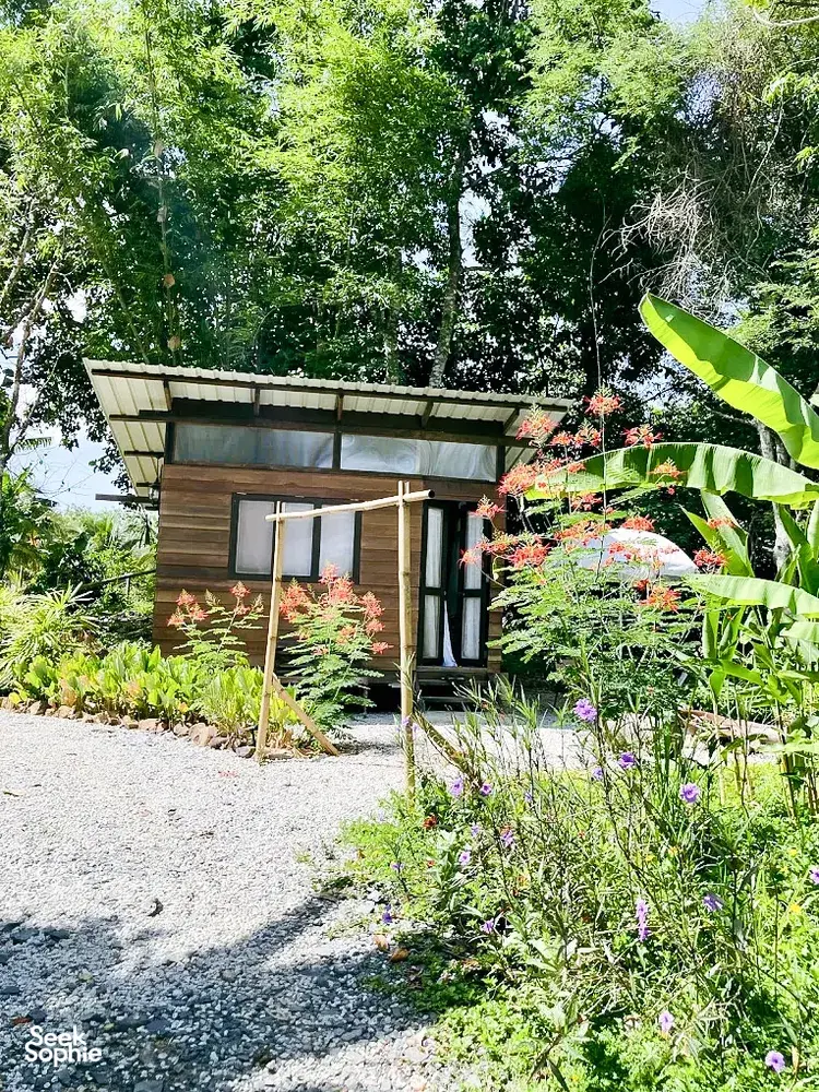Tidy wooden cabin and landscaped garden at Kebun Lidstari permaculture farmstay in Langkawi, surrounded by tropical greenery