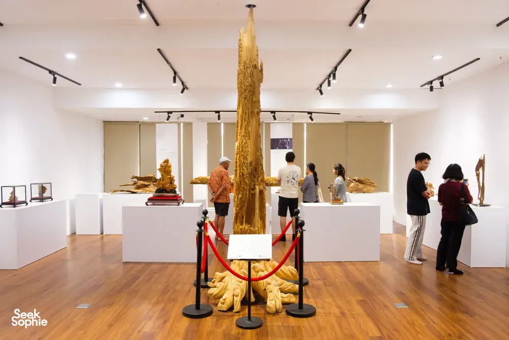 Rare agarwood display with visitors viewing tall resin specimens inside a gallery room in Hanoi during the tour