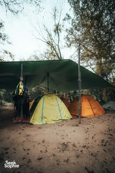 Camping tents pitched on sandy ground in Phong Nha woodland during a 2D1N trek hike, paddle and explore caves