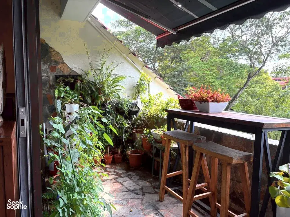 Taman teres dengan tanaman makanan berpasu di luar bengkel roti dan pencicah di Singapura, dengan kehijauan rimbun dan deretan pasu — bengkel di Singapura