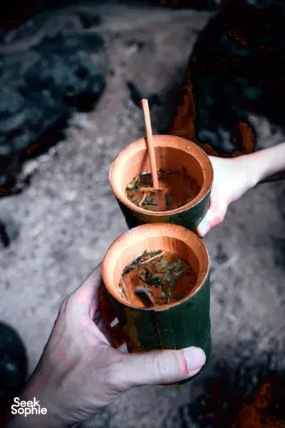 Two hands holding small cups of jungle drink during dining at Anurak Lodge on a 2D1N stay in Khao Sok National Park