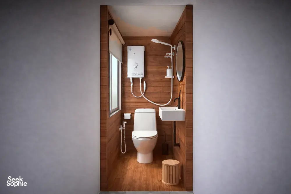 La Famille’s onboard ensuite bathroom on a wooden phinisi, with toilet and sink during a 3-day Komodo cruise from Labuan Bajo