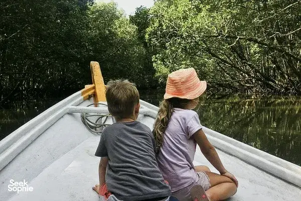 Travellers on a naturalist-guided boat through lush mangroves during the Tanjung Rhu UNESCO Geopark cruise, Langkawi