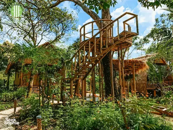 Bamboo treehouse with a thatched roof on stilts, set among gardens and fruit trees in Bamboo Eco Village, Cần Thơ