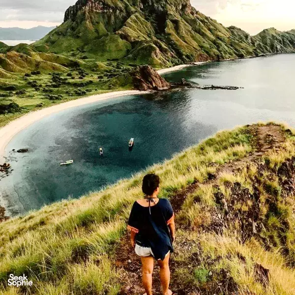 Solo traveller on a grassy ridge overlooking a cove with boats during a La Famille private Komodo cruise in Labuan Bajo