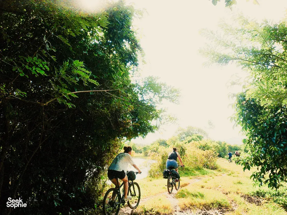 Bicycle Day Langkawi riders cycle down a quiet dirt lane through dense greenery on Langkawi, following bikes spaced along the path