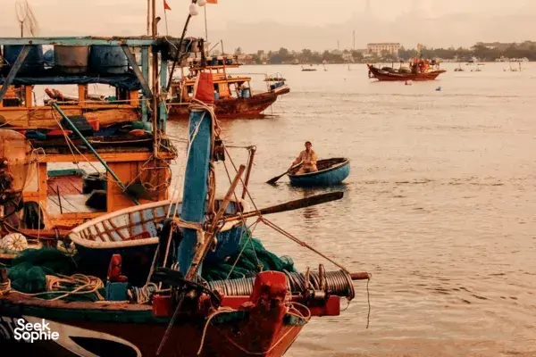 Wooden fishing boats moored along the riverside in Hoi An at early morning, before embarking on a foodie tour