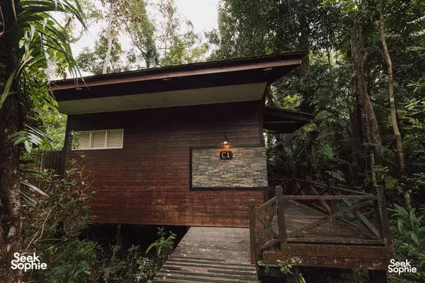 Cabin exterior at Kinabatangan Wetlands Resort in Lower Kinabatangan, with a front walkway and rainforest shade on the Kinabatangan River
