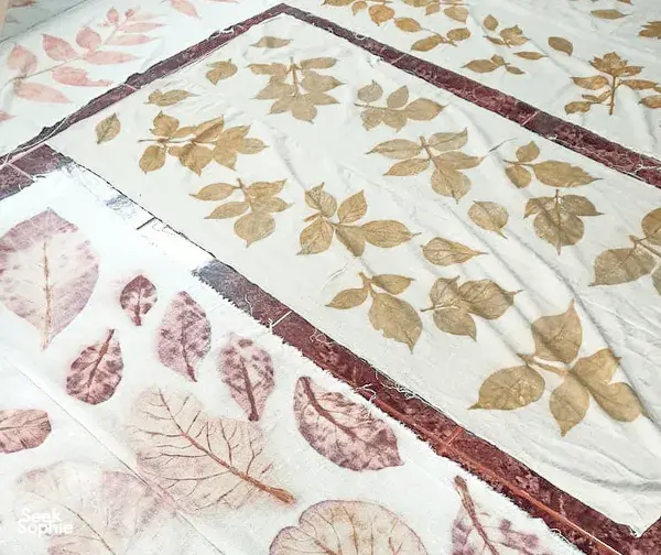 Eco-print fabric with leaf impressions in earthy tones from Hidden Art Jamming near Chiang Mai forests by Dip-Dye By Noo