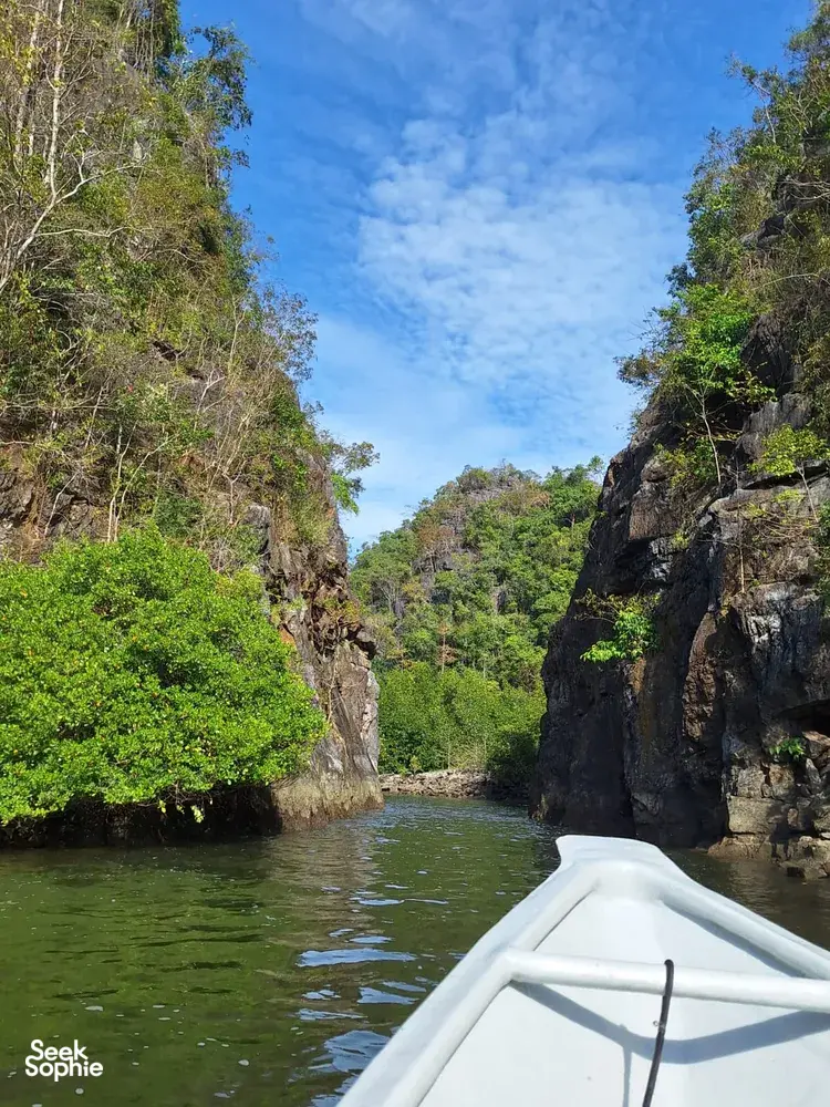 Bow view from a boat gliding through rocky green mangroves in Kilim Geoforest, Langkawi on Dev's Adventure Tours cruise