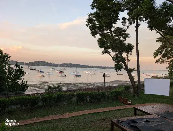 Sunset bay view of moored sailboats from the terrace garden at a Singapore farmstay by the sea, 2D1N stay