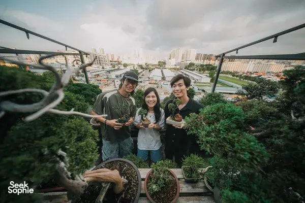 Three people smiling while holding bonsai pots on a terrace during a Japanese-style tropical bonsai workshop in Singapore
